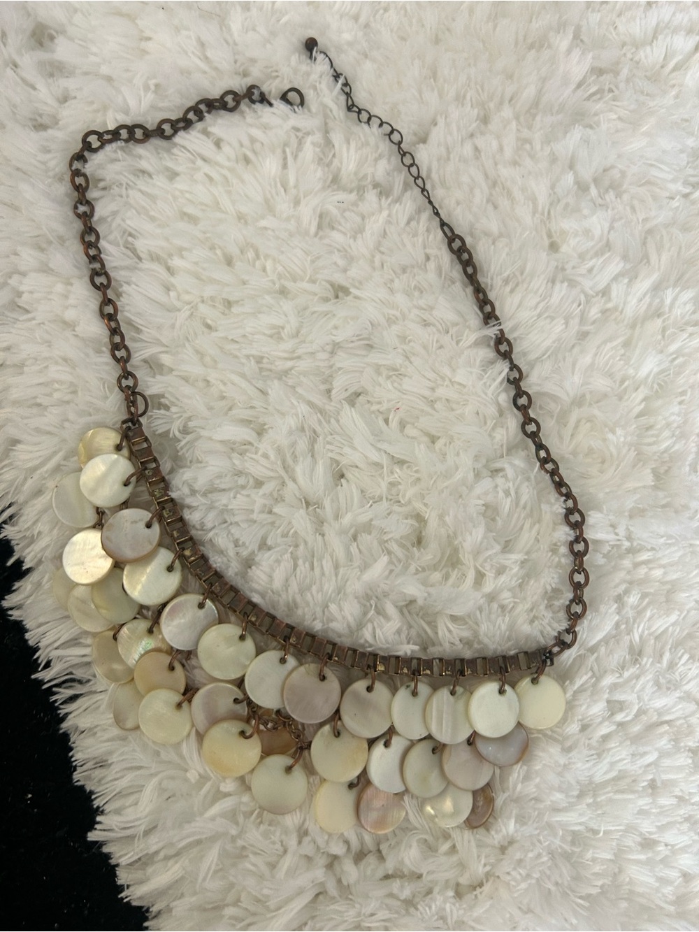 Mother-of-Pearl Disc Fringe Necklace - Ivory Shell on Bronze Chain